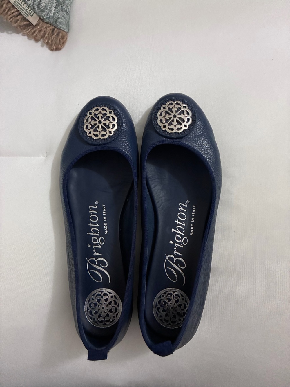 Brighton Navy Leather Ballet Flats with Silver Medallion Accent